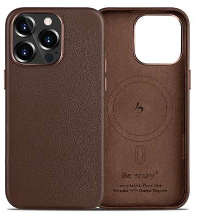 Belemay Compatible with iPhone 12 Pro/iPhone 12 Leather Case, Compatible with MagSafe - Luxury & Durable Tumbled Leather - Distinctive Texture - Metal Buttons & Lens Protector (6.1-inch) - Brown