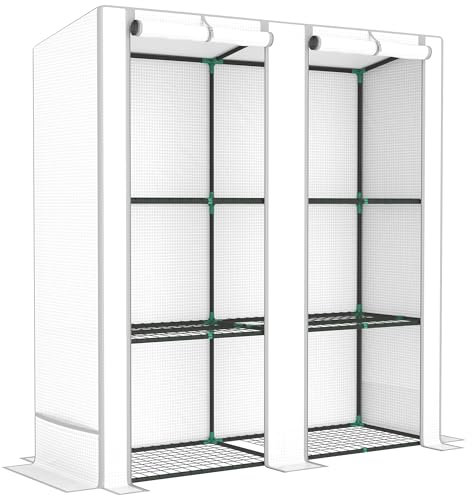 Outsunny 3 Tier Lean-to Mini Greenhouse with Reinforced PE Cover, Portable Small Greenhouse with Roll-Up Door, Grey Hemmed Edging, 144 x 48 x 152cm, White