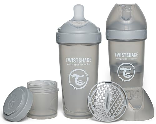 Twistshake 2x Pro Double Anti-Kolik Babyflasche mit Milchpulverbehälter - 330 ml | Brustähnliche Brustwarze aus Silikon mit schnellem Durchfluss | BPA-freie | Geeignet für Babys ab 4m+ | Grau