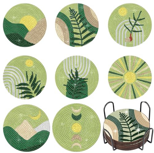 Diamond Painting Dessous de Verre, Frundoo 8 Pièces sous-Verres Art de Diamant avec Support Kit de Broderie au Diamant Kits de Peinture au Diamant Décoration de Table pour l'artisanat (8pcs-Vert)
