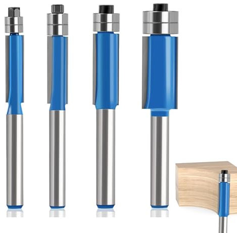 Router Bits 1/4 Shank – 4 Pcs Flush Trim Router Bit Set, Cutting Diameter 1/4, 5/16, 3/8, 1/2, Professional Woodworking Milling Cutter Tools with Double Bearing for Smooth & Precise Cuts