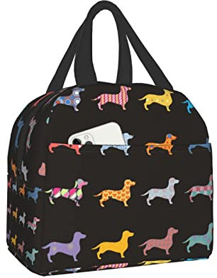 HYEPNED Isolierte Lunchtasche für Damen, Dackel-Motiv, wiederverwendbare Lunchbox mit Vordertasche, auslaufsicher, Kühltasche für Büro, Picknick, Reisen (Dackel mit schwarzem Po)