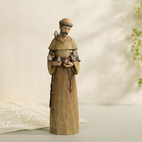 ShineOnAngel Christliche Statue St. Franziskus mit Vögeln, handbemalt, christliche Figur mit blauen und roten Vögeln auf Armen und Schultern, Holzschnitzerei-Optik, Kunstharz-Skulptur, 30,5 cm