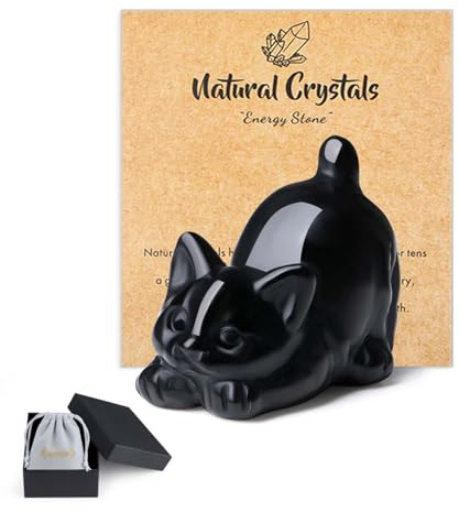 QINJIEJIE Black Obsidian Crystal Cat Ornaments Black Cat Gifts for Women | Good Luck Cats Themed Statue Home Office Desk Decor, Spiritual Crystal Gifts for Lovers Men Christmas Presents