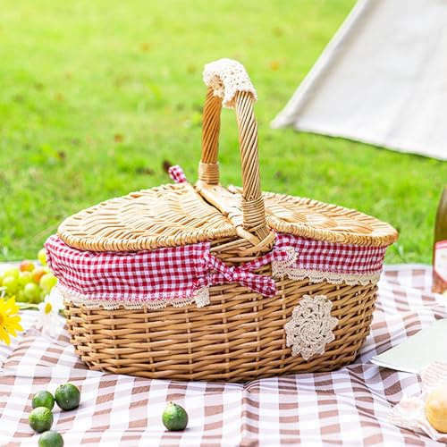 MZSX Cesta de picnic al aire libre, cesta de picnic de mimbre, con tapa y asa, forro decorativo para cosecha de jardín, para senderismo, bodas, jardín, organización del hogar, camping