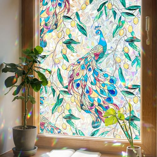 Stained Glass Window Film Privacy for Glass Windows, Peacock Garden44X200CM | Decorative Window Privacy Film UV Blocking Static Cling No Glue Rental Friendly for Home Kitchen Office