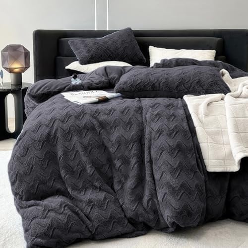 Lanqinglv Winter Bettwäsche 135x200 Flauschig Plüsch Flanell,Dunkelgrau | ÖKO-TEX Zertifiziert,Winterbettwäsche für Allergiker,Wende Warme Bettbezug und 1 Kissenbezüge 80x80 mit Reißverschluss