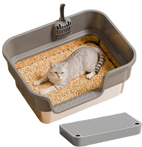 Litière pour chat – Boîte haute 43 x 33 x 20 cm, WC pour animaux de compagnie en acier inoxydable PP, poêle à côté haut avec structure facile à nettoyer | solution d'angle pour intérieur pour animal