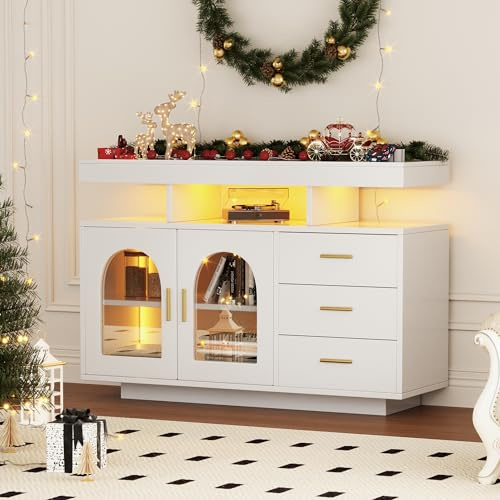 FammyLoft 120cm Sideboard-Buffetschrank mit 3 Schubladen, Kommoden mit Großer Stauraum und LED-Lichtleiste, Schubladenschrank, Wohnzimmerschränke, Hochglanz-Küchenschrank für das Esszimmer, Weiß