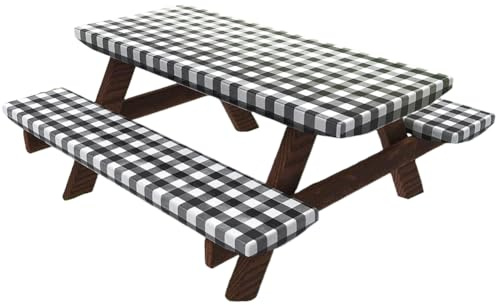 GORGECRAFT 3 Nappe de Pique Nique avec Housses de Banc 197x90.2cm Imperméable Coupe Vent à Carreaux Noirs avec Bord Élastique Forme Rectangulaire Idéale pour Camping Fêtes en Extérieur en Intérieur