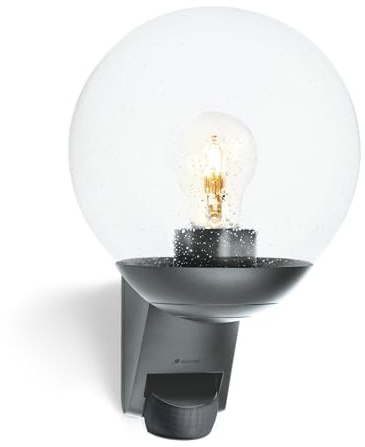 Steinel Außenwandleuchte L 595 S Anthrazit mit Bewegungsmelder – Wandleuchte mit Glaskugel für Außen, 180° PIR-Sensor bis 10 m, Dämmerungsschalter, IP44 wetterfest, E27-Fassung, für Haus und Terrasse