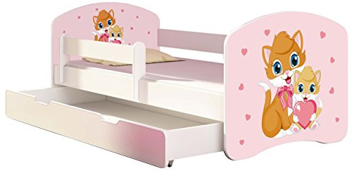 Kinderbett Jugendbett mit einer Schublade und Matratze Weiß ACMA II 140 160 180 40 Design (160x80 cm + Bettkasten, 33 Miezekatzen)
