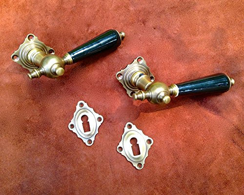 Antikas - Poignée de porte antique, poignée de porte en laiton et porcelaine, avec rosace pour portes intérieures.