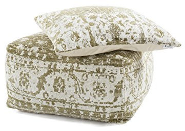 KADIMA DESIGN Teppich Paramount Pouf & Cushion Set 210 Creme/Oliv 80cm x 80cm Handgewebtes Set bestehend aus Hocker und Sitzkissen, unifarbene Rückseite, aus 100% Baumwolle