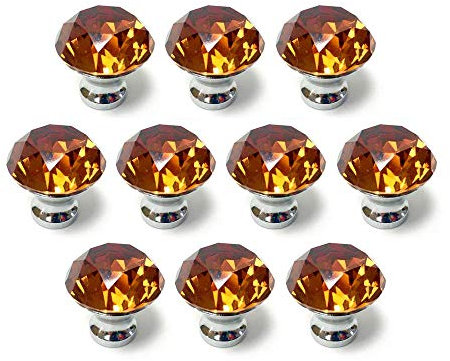 10 Pcs 30mm Silver Plated Base Diamond Shape Crystal Glass Cabinet Knob Drawer Knob Pull Handle Used for Kitchen, Dresser, Door, Cupboard (Amber)