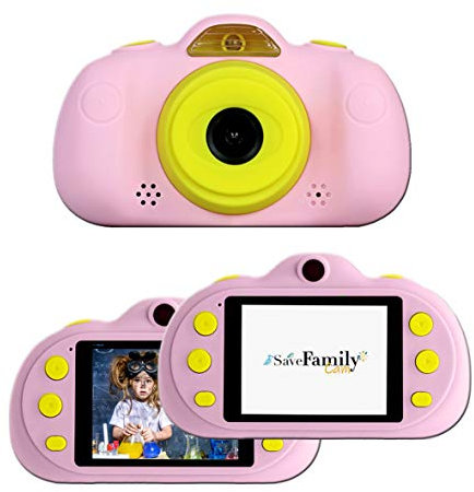 SaveFamilyCam. Cámara de Fotos para Niños. Cámara de vídeo Infantil. Cámara Digital SaveFamily Infantil. Gratis Tarjeta SD. Marca española. Selfies, filtros, Juegos y MP3. Rosa