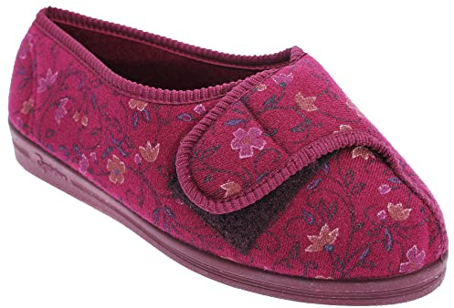 Comfylux Womens Super Wide Touch Fastening Washable Ideal Diabetic Slippers Wine (EEEE Fitting) 9 UK