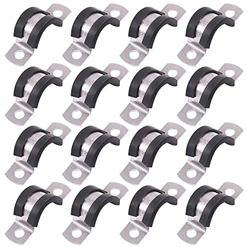 Glarks 16Pcs 15MM 2 Hole U-Tube Strap Clamp Set 304 Stainless Steel Rubber Cushion Rigid Pipe Strap U Bracket Tube Strap Assortment Kit For Pipe Tube Fixing (15mm)