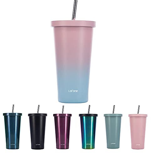 LoFone Isolierter Thermobecher mit Strohhalm, 500ml Doppelwandiger Thermobecher, Edelstahl-Kaffeetasse für eisige oder heiße Getränke (rosa-blau)