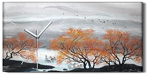Coloray Uhr auf Leinwand - Weiße Hände - Segeltuch Dekoration Wand Uhr Ohne Tickendes Geräusc Wohnzimmer Kunst - Asiatische Bergbäume Boote Kunst
