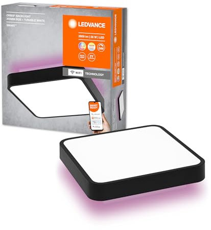 LEDVANCE ORBIS BACKLITE SQUARE SMART+ WiFi schwarz, dimmbare LED Leuchte für den Innenbereich, 28W, Farbtemperatur von 3000-6500K, 2400 Lumen, RGB Licht für weißes und farbiges Licht, 35x35cm