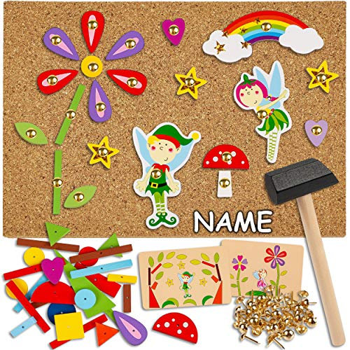 alles-meine.de GmbH Hammerspiel - 180 Teile Feen - Pilze & Blumen - inkl. Name/für Kinder - Klopfspiel Nagelspiel - Hämmerchenspiel - Holz bunt Nagel Hammer - Hämmerchen mit ..