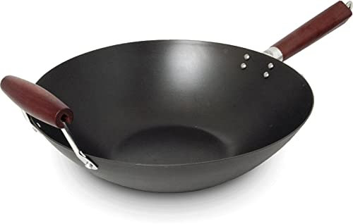 Yoaxia ® - [ Black Carbon Steel Wok Ø 35cm flacher Boden Kohlenstoffstahl schwarz 14 / mit zweitem Holzgriff