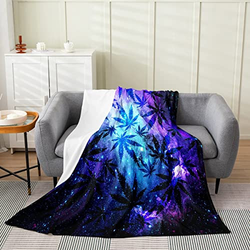 Marihuana-Unkrautblatt-Fleecedecke, Cannabisblätter, Flanelldecke, Doppelbett, 60 x 80 cm, Trippy Violett, Galaxie, Marihuana-Blatt, Flanelldecke für Jungen, Mädchen, Herren, botanische Blätter,