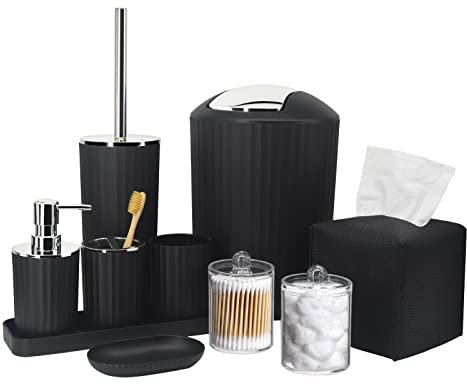 Badezimmer-Zubehör-Set – 10-teiliges schwarzes Badezimmer-Zubehör-Set mit Mülleimer, Zahnbürstenhalter und Tasse, Seifenspender, Seifenschale, WC-Bürstenhalter, Schminktisch, Qtip-Halter,