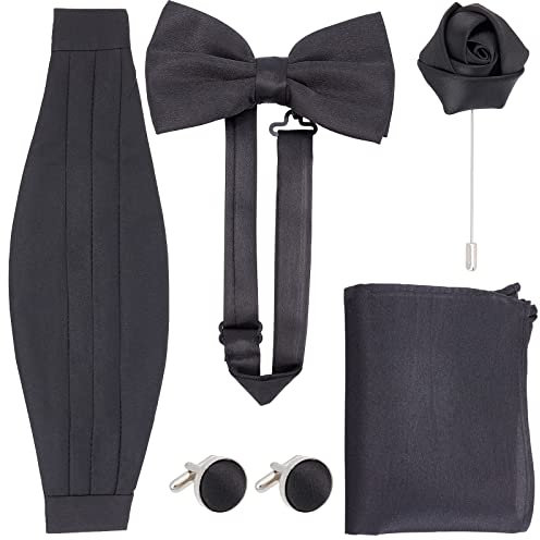 GORGECRAFT Noeud Papillon Formel en Satin pour Homme avec Nœud Papillon Noir avec Broches de Sécurité Mouchoir en Fer Bouton de Manchette et Ceinture avec Ruban Magique pour Fête de Mariage