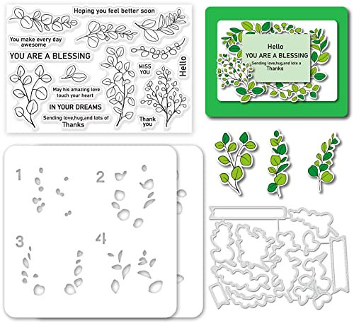 GLOBLELAND 4 Stück Eukalyptusblätter Thema Silikon Klare Stempel Metall Stanzformen PET Handwerk Schablonen Vorlage für Kartenherstellung und DIY Prägung Scrapbooking Handwerk Dekor