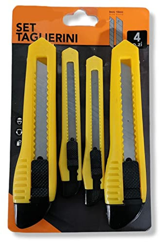 4 Cutter taglierini coltelli a lama retrattile 2 con lama 18 mm + 2 lama 9 mm taglio per stoffa carta pelle, lama spezzabili per 15 tagli ogni cutter cartolibreria imballaggi