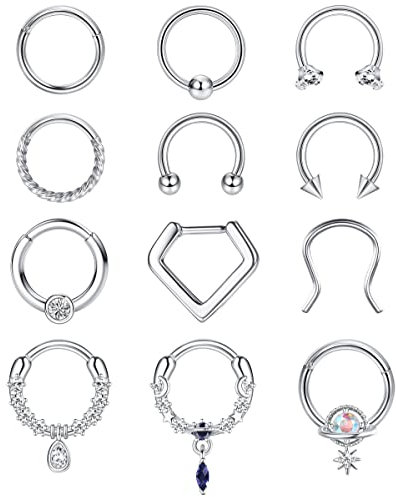 Adramata 12 Stück 16G Nasenring Piercing Set - Chirurgenstahl Nasenring, Septum Ringe, CZ Conch Helix Piercing, Ohr Silber Gold Nasenpiercing Septum Schmuck