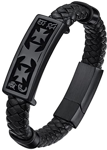 Bracelets Homme Cuir 21 cm Cadeau Homme Templiers Croix Acier Gourmette Garcon Noir Amulette de Protection Fermoir Magnétique Cadeau Copain Petit Ami Jeune Adult