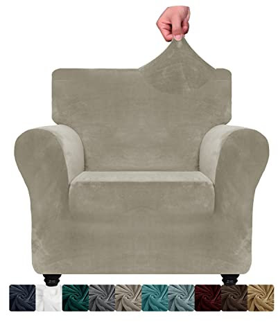 XINEAGE Samt Sofaüberzug 1 Sitzer,Stretch Sofa überzug für Wohnzimmer, Dicke Weiche Sofaüberwurf, Rutschfester Sofa Cover für Hunde, Haustiere (1 Sitzer, Khaki)
