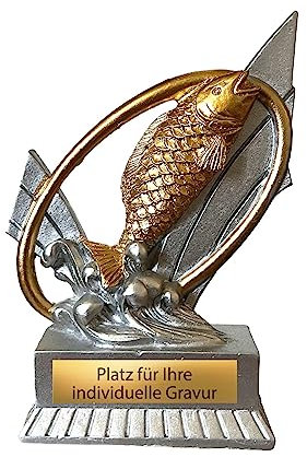 eberin – Angler Pokal 12 cm Trophäe Award Resinfigur Fisch Silber Gold individuell graviert preiswert für Vereinsfeiern und Turniere