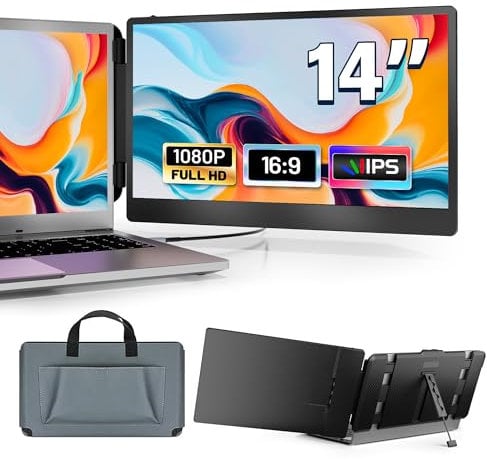 domyfan 14 Laptop Monitor, FHD 1080P IPS Dual Laptop Screen, HDMI/USB-A/Type-C Plug and Play for Windows,Mac,Chrome,Android, Xbox, PS5, Work with 13.3-17 Laptops