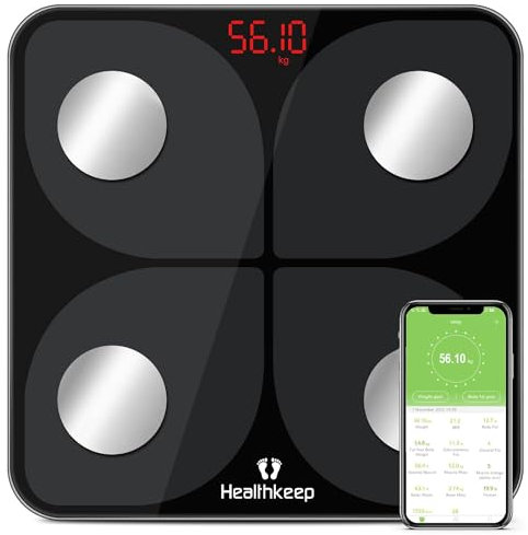 Körperfettwaage, Personenwaage Digital Testsieger mit App Smart Waage, Bluetooth Körperanalysewaage mit für Körperfett, BMI, Muskelmasse, Protein, BMR,28cm*28cm.