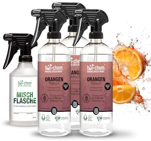 bio-chem Orangenreiniger Konzentrat 3x 750 ml - Starker Allzweckreiniger mit angenehmem Orangen-Duft - Inkl. Mischflasche & Messbecher - Sehr ergiebiges Reinigungskonzentrat mit Orangenterpenen