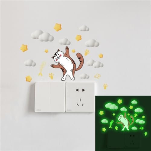 Aufkleber Lichtschalter Kinder, 2er Set Lichtschalter Leuchtend, Cartoon Tiere Katze Wolke Muster Lichtschalter Sticker, Wandtattoo Fluoreszierende leuchtende Sticker