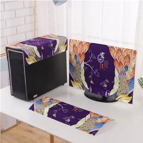 Hixingo Computer Dirt-Proof Cover 3 Pieces Set, Desktop PC Dust Cover Protector Computer Screen Display Protective for 17-32 inch Desktop PC TV (24”,Peacock)