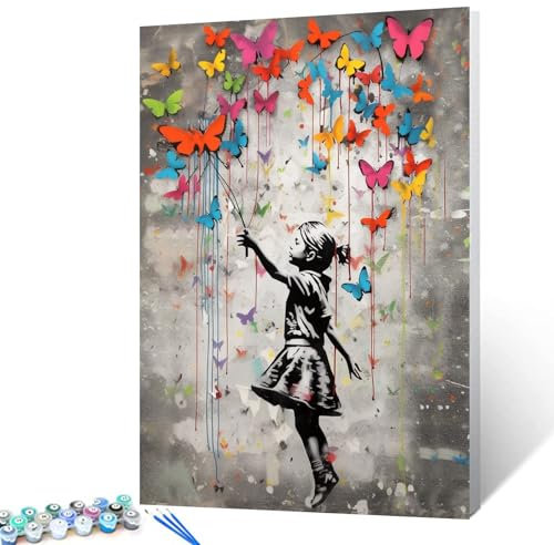 Tucocoo Banksy Malen-nach-Zahlen-Set mit Pinseln und Acryl-Pigmenten auf Leinwand, Gemälde für Erwachsene, Graffiti-Straßenkunst, Schmetterlingsbild für Zuhause, Wanddekoration, Geschenke, 40 x 50 cm