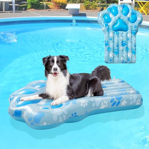 BEAUTYZOO Aufblasbarer Pool-Schwimmer für Hunde und Welpen, groß, zeitgenössisch, Haustier, Hund, Katze, Schwimmbad, Float Ride on, blaues Pfotenmuster