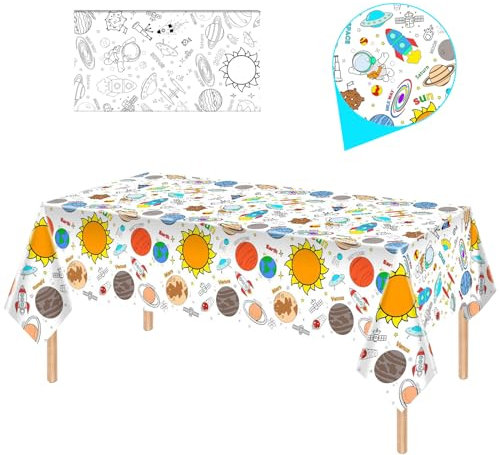 Papier Tischdecke zum Ausmalen,137x274cm Ausmaltischdecke zum Kinder Beschäftigung,Rechteck Wasserdicht Rätsel Tischdecke,Astronaut Thema Partydekorationen beim Kindergeburtstag