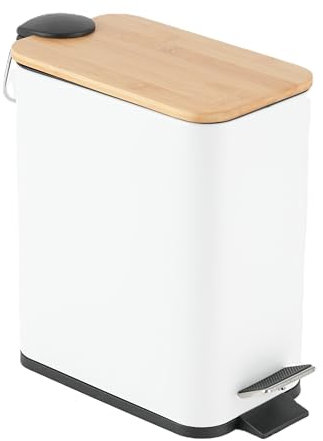 HOMION PEDAL BIN BATHROOM 5L SLIM RECTANGULAR REMOVABLE BUCKET WASTE DUST SLIMLINE EASY TO CLEAN 5 LITRE TOILET STAINLESS STEEL (White With Bamboo LID)
