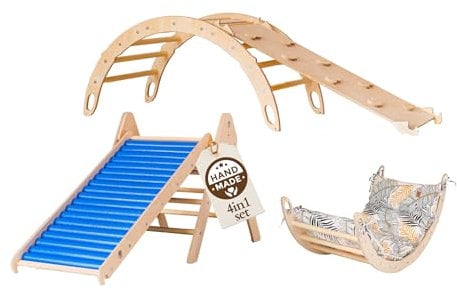 WoodsCraft 4in1 Set: Kletterdreieck mit Rutsche Indoor/Klettern Rampe, Rollenrutsche & Kletterbogen | Holz Montessori Klettergerüst Indoor Spielgeräte | Klettern Kinder Indoor & Klettern Baby