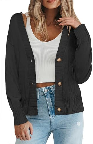Zeagoo Cardigan Damen Langarm V-Ausschnitt Strickjacken Open Front Jacke Casual Strickcardigan Mit Knopf Schwarz L