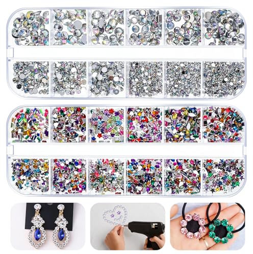 Invalidism 2 Boxs Crystal Rhinestone,Silver 4 Sizes AB Rhinestones Flat Back 12 Style Mixed Colors Diamond Rhinestones for Craft Diamante Gem Crafts for Crafts Nail Face Art