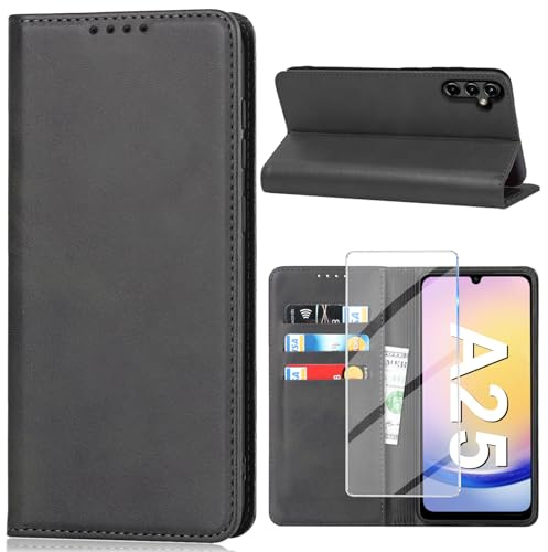 Vaki Handyhülle für Samsung Galaxy A25 5G Hülle mit Schutzfolie, Schutzhülle Galaxy A25 PU Lederhüllen Wallet Kartenfach Standfunktion Klapphülle für Samsung A25 5G Flip Case Cover Tasche (Schwarz)