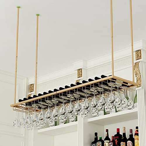 Weinglasregal, Decken-Weinglashalter und Flaschenhalter mit Champagner-Stielgläsern, zum Aufhängen, Weinregal für Bar und Küche, schwebender Organizer, Regale, goldfarben, Heimdekoration